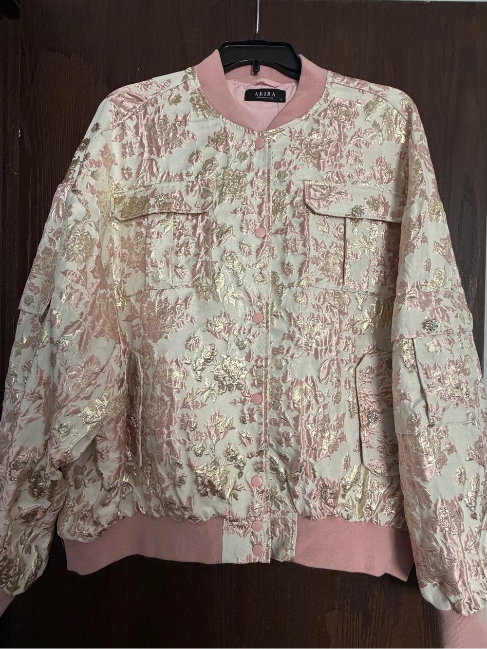 AKIRA Pink & Gold Floral Jacquard Bomber Jacket